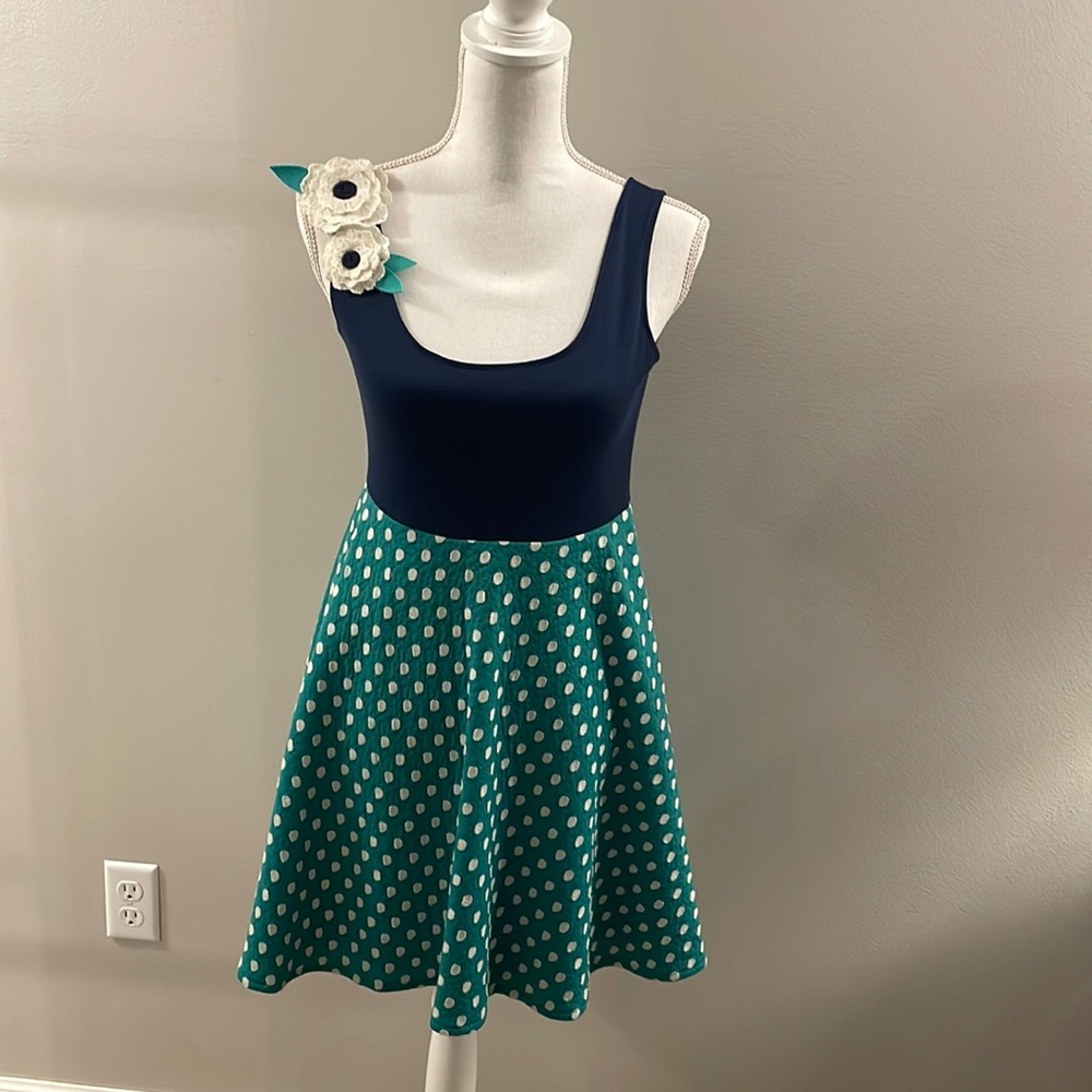 Judith March Navy and Teal Polka Dot Dress